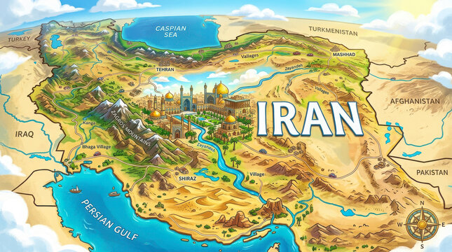 A whimsical illustrated map showcasing the diverse geography and landmark architecture of Iran