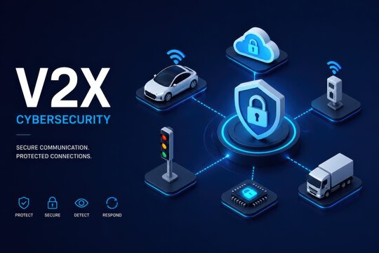 V2X cybersecurity concept with connected car cloud protection and secure wireless communication network