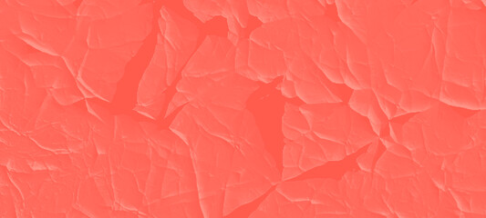 Fototapeta premium Abstract cracks crumpled paper texture Vivid coral textured surface with prominent creases and crumpled effects, creating dynamic shadows and abstract fractured patterns.