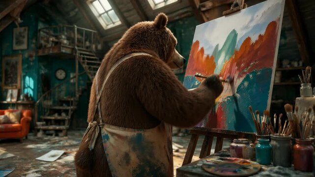 A large brown bear wearing an apron standing in a sunlit attic studio painting a colorful landscape on a canvas, capturing a creative moment of artistic expression in a whimsical environment.