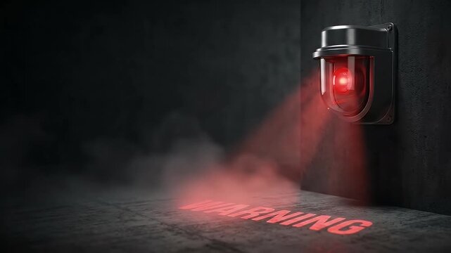 Security camera with red warning light projecting alert message on dark concrete wall and floor, creating tense surveillance atmosphere for safety protection technology alert