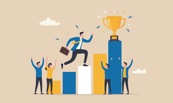 Motivation peak improve and succeed, benefit, prize award concept, motivated businessman running on growing bar graph catch winner trophy
