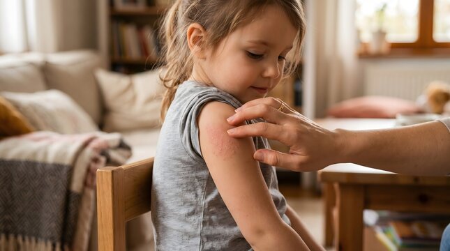 Close-up of a child with an inflamed skin eruption on the arm being checked by a parent. Highlighting health concerns like eczema, dermatitis, or vaccine reaction in a warm domestic setting