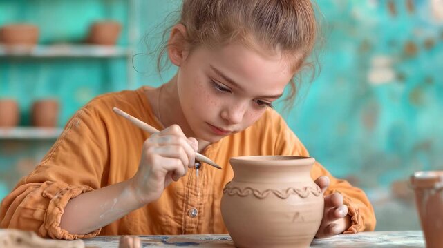 Preteen girl carving patterns on clay pot in pottery studio. Creative hobby and craft education for children. Panning and tilting camera movement.