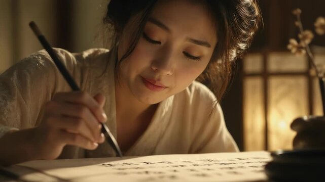 A serene young woman practices traditional calligraphy with intense focus and gentle grace, showcasing the timeless beauty of cultural artistry in a warm and atmospheric indoor studio setting.