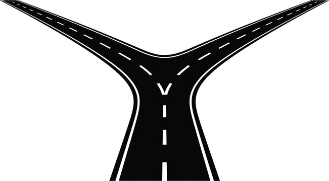 Fork in the road, a highway splitting into two separate paths, junction point