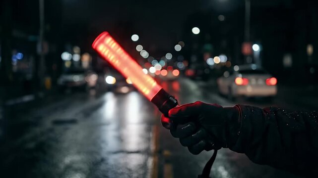 Traffic baton red light glowing held by gloved hand wet night street with blurred car lights safety equipment for traffic control and management illuminated reflective surface urban road caution