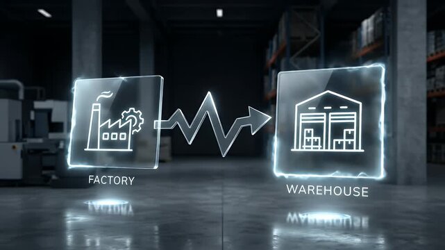 Factory warehouse connection icon with arrow and graph symbol dark industrial storage room background representing logistics supply chain management efficiency and digital technology operation process