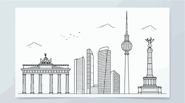 Line drawing of Berlin city skyline with famous landmarks in a simple, illustrative style against a white background.
