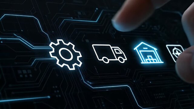 Finger touching glowing gear icon with delivery truck, house, and warehouse icons on digital interface, symbolizing advanced technology, logistics, and smart supply chain management system