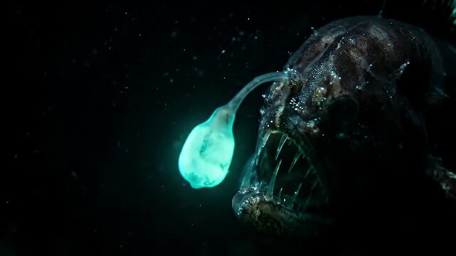 Deep sea anglerfish predator with bioluminescent glowing lure in dark ocean, eerie underwater creature with sharp teeth and textured body hunting in deep sea environment