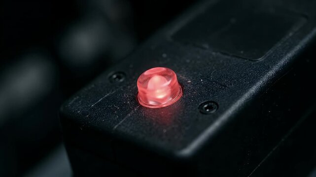 Red LED light glowing on black electronic device close up with small plastic indicator, textured surface, screws, and advanced technology detail in dark environment close up