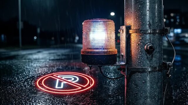 No parking sign glowing on wet asphalt at night with orange warning light on metal pole covered in rain, creating moody reflective urban scene with illuminated warning light and rainy atmosphere
