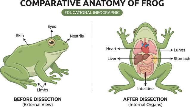 Comparative anatomy chart of a frog before and after dissection