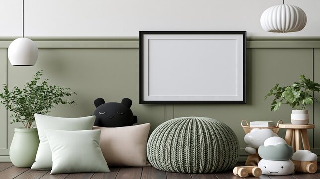 Cozy nursery or children's room interior scene with blank picture frame, soft pillows, and playful decor
