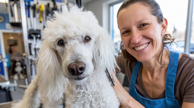Professional Dog Groomer Posing With Happy White Standard Poodle After Styling Session