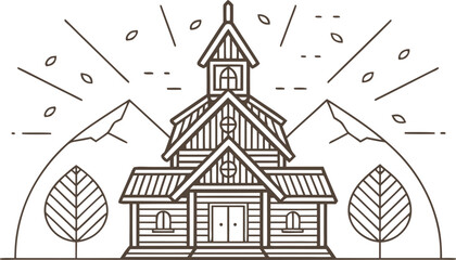 Fototapeta premium Traditional norwegian stave church in heavy snowfall with falling snowflakes norway