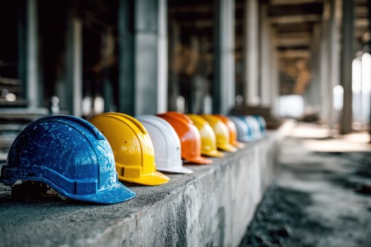 A line of assorted colorful safety helmets arranged on a concrete ledge inside a construction site with blurred background and scattered building materials