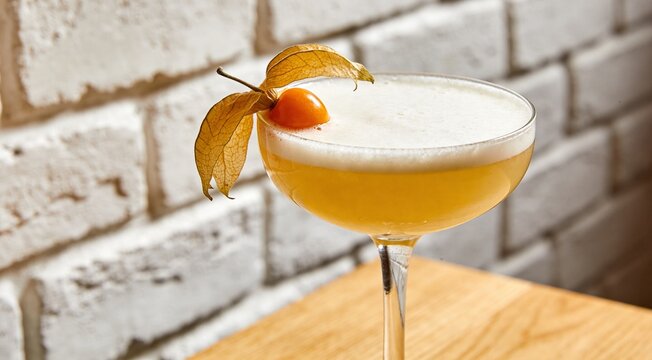 Fresh cocktail drink with physalis fruit decoration on a minimal light table and white brick backdrop