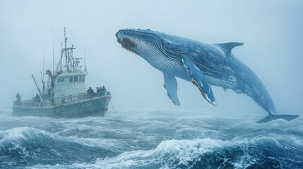 Fototapeta premium Majestic Humpback Whale Breaching Near Fishing Vessel in Foggy Waters