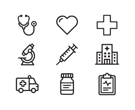 Healthcare Icon Collection including Hospital Building, Stethoscope, and Patient Medical Record