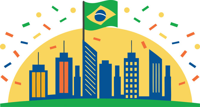 Festive brazilian flag with colorful skyscrapers and fireworks brazil flag green