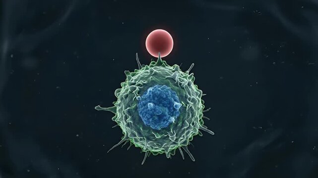 Immune cell with nucleus and receptor binding red antigen particle microscopic white blood cell interaction within bloodstream, medical science concept showing detailed cellular structure