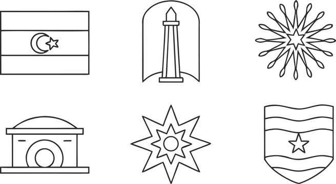 Flat line set featuring azerbaijani symbols: flag, map, star, flame, and ancient artifacts
