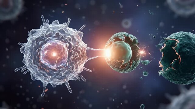 Immune cell attacking virus particle and cancer cell with glowing interaction, microscopic view of infection and cellular defense process showing dynamic biological interaction and destruction