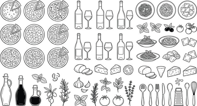 Italian Cuisine and Dining Set Featuring Pizza, Wine Bottles, Pasta, Cheese, and Kitchen Tools for Food, Restaurant, and Cooking Designs