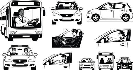 Vehicle and Driver Silhouettes Set Featuring Cars, Bus, and Police Vehicle Illustrations for Transportation and Traffic Designs © Shilpi