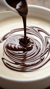 Chocolate sauce pouring into creamy white dessert with swirling pattern in white bowl close up smooth liquid topping glossy rich texture homemade sweet dairy treat indulgence