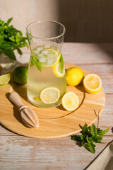 Fototapeta premium Lemonade with lemons, limes and fresh mint. Refreshing, homemade lemonade. Copy space