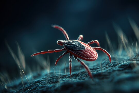 Detailed macro shot of a red tick crawling on textured skin or fabric fibers with dramatic lighting and shallow focus in a dark bluish environment