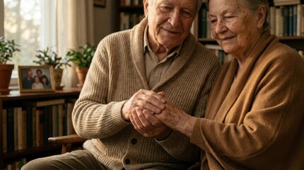 Fototapeta premium Elderly couple holding hands and supporting each other while sitting together in cozy living room 