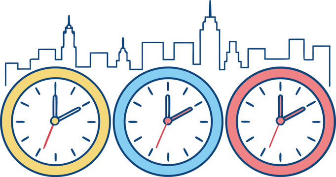 Isometric of global time zones with clocks and city skylines isometric global time zones