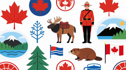A vibrant collection of iconic Canadian symbols including maple leaves, a Mountie, a moose, a beaver, and scenic landscapes. © Roma