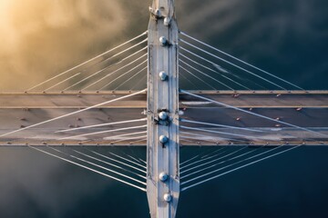 Obraz premium Aerial view of bridge cable structure over water for infrastructure engineering transport planning and urban connectivity