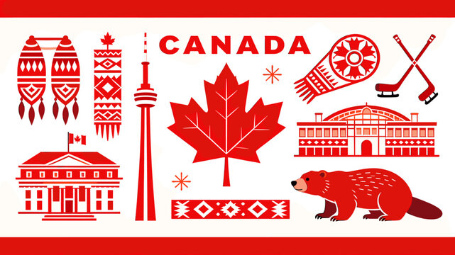 A vibrant red and white illustration showcasing iconic Canadian symbols including the maple leaf, CN Tower, Parliament, beaver, hockey gear, and traditional patterns.
