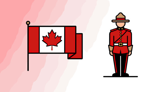 Illustration depicting the national flag of Canada alongside a Royal Canadian Mounted Police officer in traditional red serge uniform.