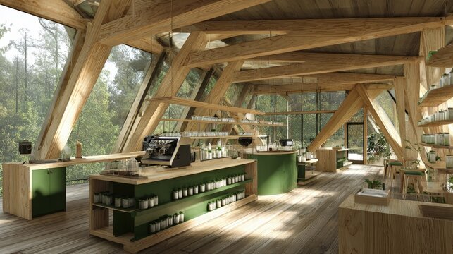 Modern cafe interior features exposed timber beams and large glass windows overlooking a serene forest.