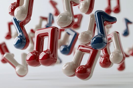 Collection of Red, White, and Blue Musical Notes Floating Abstractly, Symbolizing Celebration and Patriotism