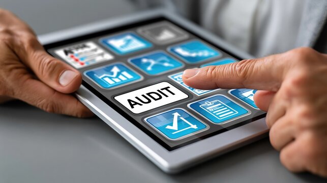 Business professional uses tablet with audit app icon and financial analytics for review and analysis