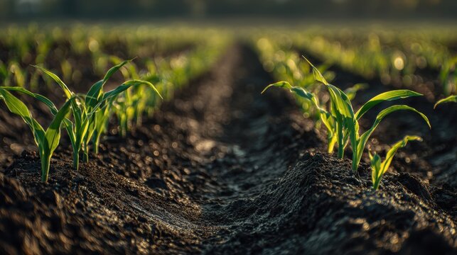 Young corn plants growing in rich soil with sunlight casting long shadows in a vast agricultural field during early morning or late afternoon hours