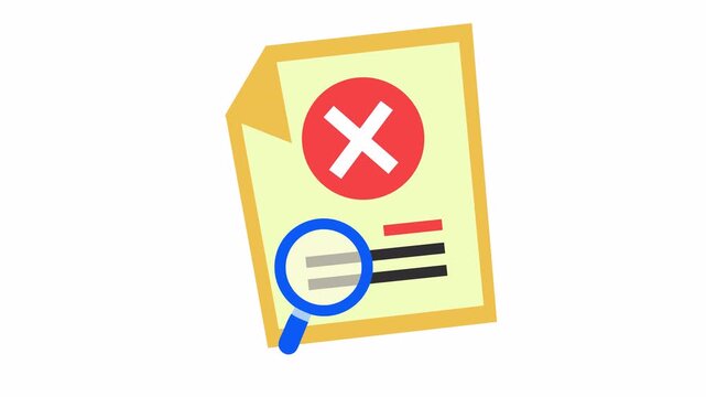 Rejected checkmark on a failed document audit and error quality control checklist with magnifying glass icon in a cartoon animation for business inspection and compliance verification element concept.