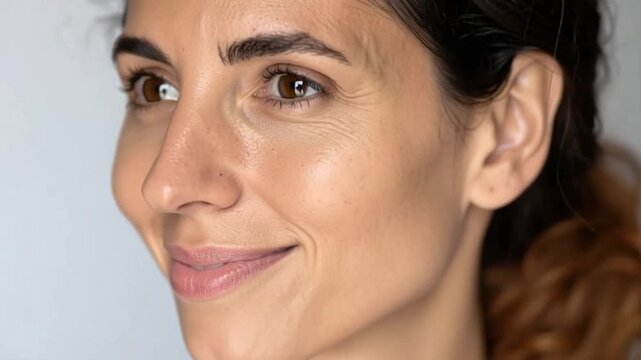 Smiling Woman's Face Split Comparing Natural Skin with Wrinkles to Smooth Skin After Anti-Aging or Cosmetic Treatment