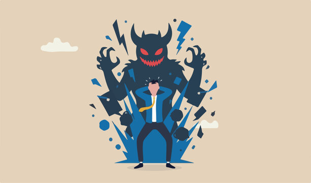 Fear, anxiety or panic attack, afraid mistake, nightmare suffering, depression dread, trouble causing distraught concept, fearful businessman afraid evil monster shadow