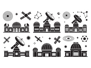 Collection of black silhouette featuring astronomical observatories with domes, satellite dishes, orbiting satellites, star constellations, and planetary rings on a white background © Sabbir Art Express