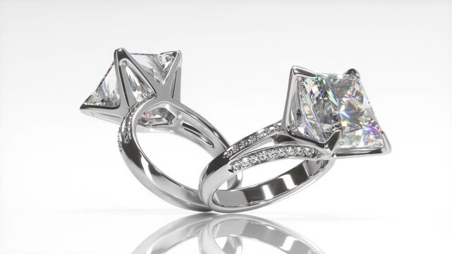 Rotation of white gold engagement rings with large princess cut diamond and round diamonds on white background. 3d animation loop
