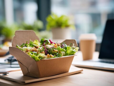 Fresh green salad with mixed leaves and croutons served in a recyclable takeout box on a wooden office desk with blurred laptop and coffee cup in background